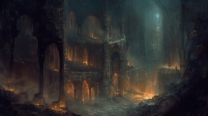 Ancient city in a dark forest with a fire