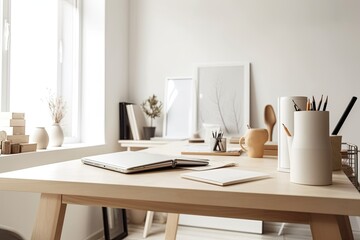 Modern office desk with a white table, an empty frame, books, stationery, and a coffee cup