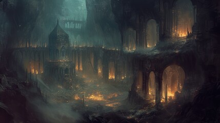 Obraz premium Ancient city in a dark forest with a fire