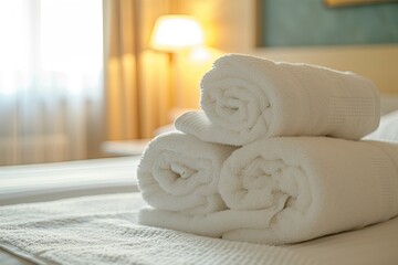 Fresh towels placed on hotel bed Welcome guests with room service