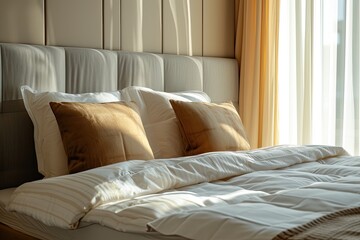 Fototapeta na wymiar Freshly made king sized bed in a hotel room with clean sheets puffy pillows and natural sunlight