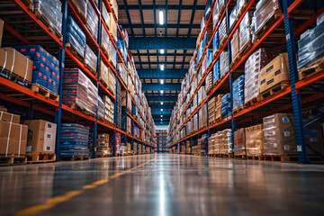 Perspective view of warehouse interior with shelves and boxes - obrazy, fototapety, plakaty