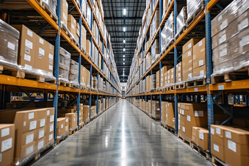 Fototapeta premium Warehouse aisle with rows of shelves stocked with boxes