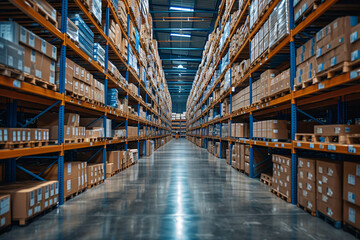 Fototapeta premium Perspective view of a warehouse aisle with shelves full of boxes