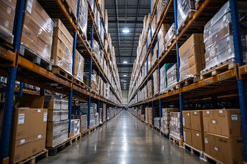 Fototapeta premium Warehouse aisle with high shelves stocked with cardboard boxes