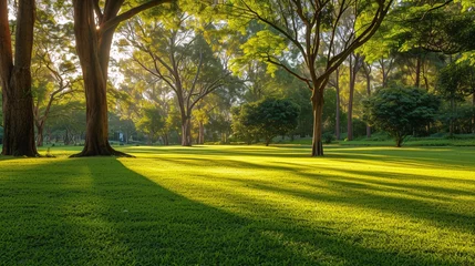 Tuinposter Lush green lawn and trees in a public park with soft morning light, Horsham Botanic Gardens VIC Australia, perfect for text. © ckybe