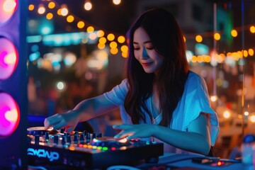 Young Asian woman dj girl playing music and scratching tracks on professional dj midi controller at...
