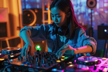 Young Asian woman dj girl playing music and scratching tracks on professional dj midi controller at...