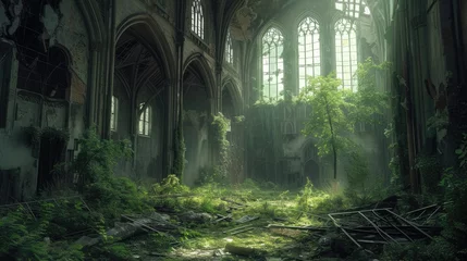 Fotobehang Gothic church interior with ruins and green foliage © MrHamster