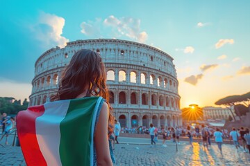 Witness the Celebration of an Attractive Italian Girl, Wrapped in the Italian Flag, with the...