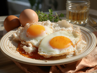 A white plate has two eggs, one on top and one on the side