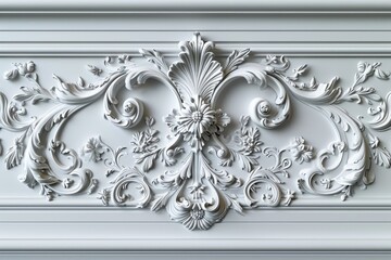 Luxurious white wall design with rococo stucco mouldings - obrazy, fototapety, plakaty