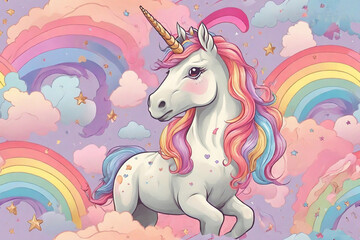 Obraz na płótnie Canvas Cartoon scene with beautiful unicorn on rainbow background - illustration for children