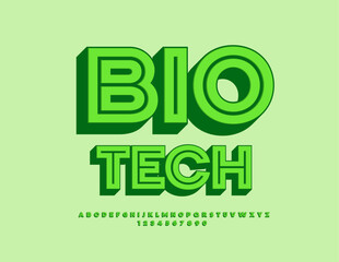 Vector bright logotype Bio Tech with Green 3D Font. Modern Alphabet Letters and Numbers set.