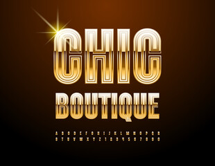 Vector trendy Emblem Chic Boutique. Stylish Gold Font. Modern Exclusive Alphabet Letters and Numbers set.