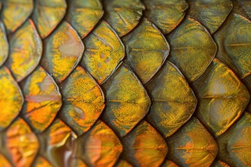 Macro photograph of a scaly Crucian carp s skin with a geometric pattern featuring the fish s lateral line with focus selectively applied to create a shallow de - obrazy, fototapety, plakaty