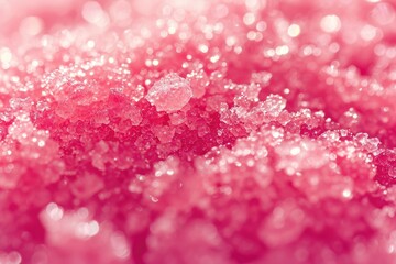 Macro photo of pink red sugar or salt body scrub with fruit extract a cosmetic product for skin care with copy space as background