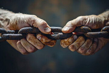 Close-up of aged hands holding a rusty chain - obrazy, fototapety, plakaty