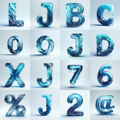 Blue glass 3D Lettering Typeface. AI generated illustration
