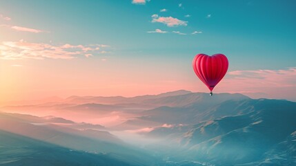 Lovely crimson hot air balloon heart silhouette in a sunny morning sky with misty mountains,...
