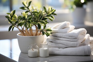 Spa stones, towel and bottles with cosmetic products on white wooden table. Created with Ai