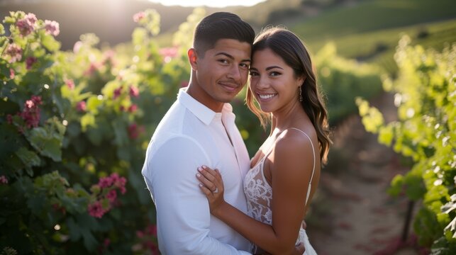 A happy couple is posing for a photo in a vineyard.