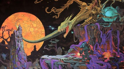 1980s fantasy art drawing, sketch, high contrast, vivid color, intricate, surreal, epic, full-scale