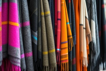 Market stall selling cashmere scarves and wraps with patterned lines and squares
