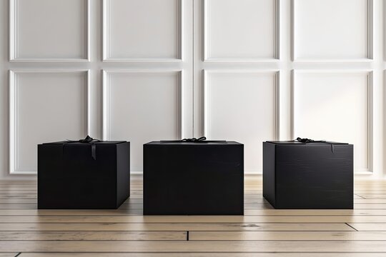 Mockup of three square black boxes on a background of white wood. Black box for a mock up of the product