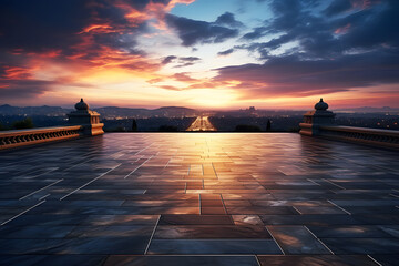 Empty tiled floor and urban skyline walkway, city mountains during sunset. Realistic clipart template pattern. Background Abstract Texture.