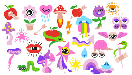 Vector hand drawn illustration. Set of psychedelic elements in a flat cartoon style