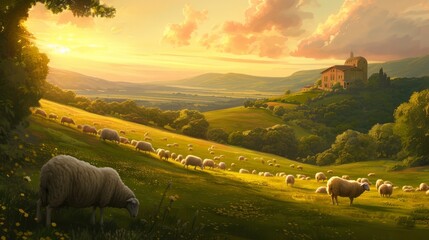 Construct a pastoral scene featuring a shepherd, flock of sheep, and rolling hills in the background using the soft brushstrokes and luminous colors typical of Rococo art - obrazy, fototapety, plakaty