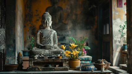 Echoes of the Past: A Quiet Atmosphere in a Temple with an Old Buddha Statue