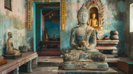 Silent Serenity: An Old Buddha Statue in a Shabby Temple