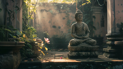 Echoes of the Past: A Quiet Atmosphere in a Temple with an Old Buddha Statue
