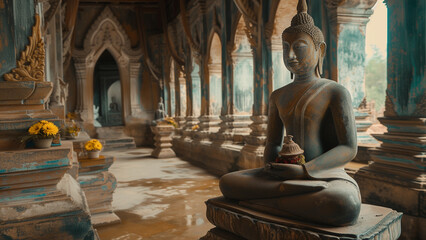 Silent Serenity: An Old Buddha Statue in a Shabby Temple