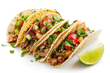 Mexican style tacos featuring meat and vegetables white background