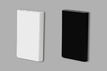 Black and white Power bank for charging mobile devices. Smartphone charger. External battery for mobile devices. Mockup isolated on a background. 3d rendering.