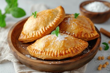 Mini puff pastry or hand pies filled with apple and dusted with sugar powder on a wooden plate Homemade breakfast pie with crust rustic photo Empty area