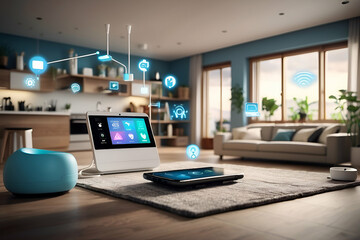 concept of the Internet of Things with an image of a smart home, featuring various connected devices and appliances