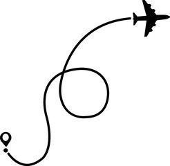 Airplane route path icon. The flight path of the aircraft from the point of location along the line. Flight route from a waypoint with an airplane silhouette isolated on transparent background.