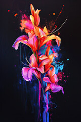Beautiful painting of a flower dissolving into neon paint. Artistic illustration