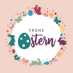 Fotobehang Osterdekoration mit Osterhasen, Ostereiern und deutschem Text - frohe Ostern © Trueffelpix