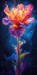 Beautiful painting of a flower dissolving into neon paint. Artistic illustration