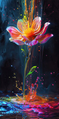 Beautiful painting of a flower dissolving into neon paint. Artistic illustration