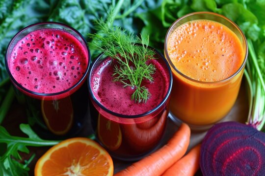 Natural and organic detox drink with vegetable smoothie ingredients including beetroot apple carrot and lemon packaged in a bottle for weight loss diet or fasti