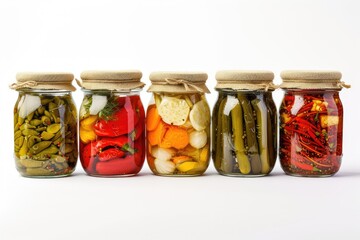 Nine glass canning jars with vegetables isolated on white - obrazy, fototapety, plakaty