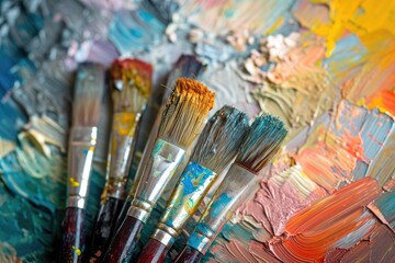 Fototapeta premium Oil paints on artist canvas with paintbrushes