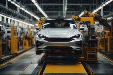 Fototapeta premium Machine on the production line. Car body assembly by robotic manipulators. Concept of automation of automotive production. AI generated