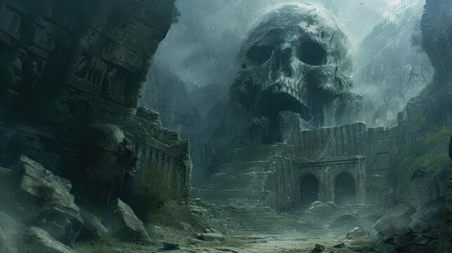 Creepy ruins of an ancient temple in the form of a skull